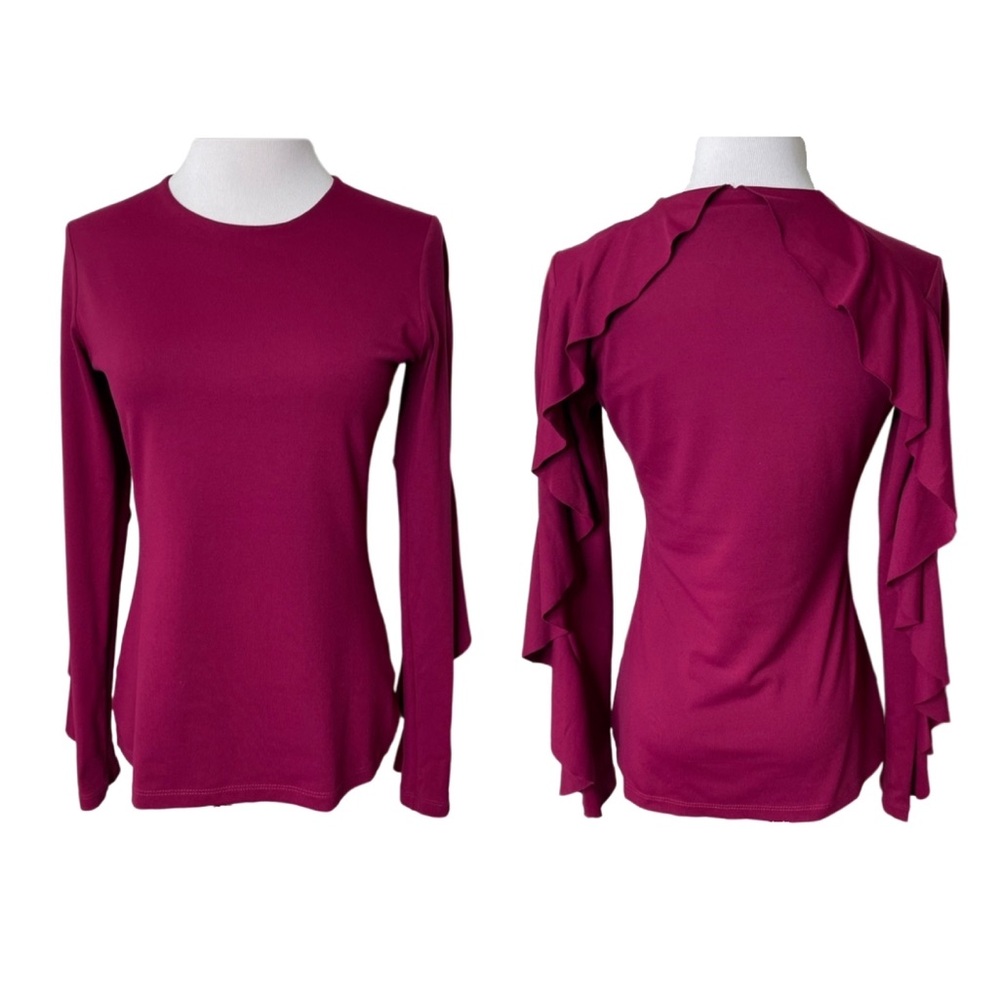 Susana Monaco Burgundy Long Sleeve Stretchy Shirt with Ruffle Trim Detail